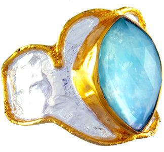 Sterling Silver and 22K Gold Vermeil Earring with Amazonite + checkerboard cut crystal quartz+ Mother of Pearl