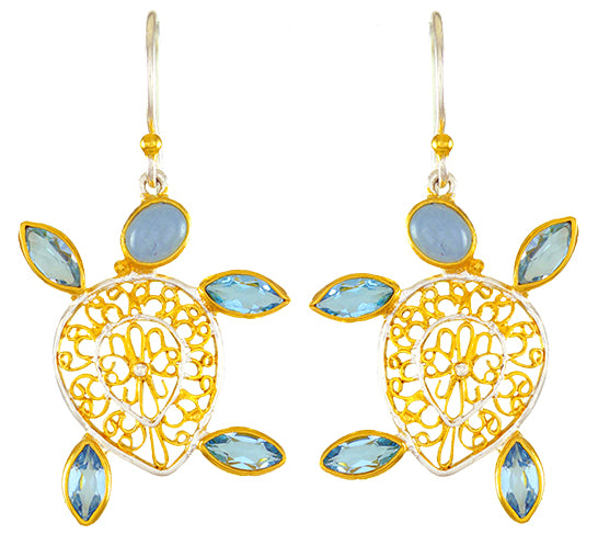 Sterling Silver and 22K Gold Vermeil Earring with Aquamarine and Sky Blue Topaz