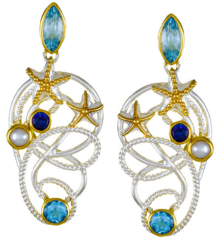 Sterling Silver and 22K Gold Vermeil Earring with Baby Blue Topaz, White Freshwater Pearl, Sky Blue Topaz and Trendy Solo Topaz