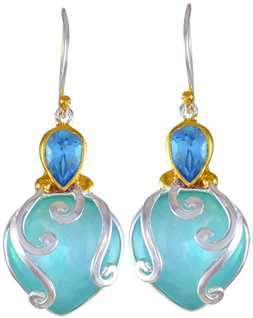 Sterling Silver and 22K Gold Vermeil Earring with Baby Blue Topaz and Amazonite + checkerboard cut crystal quartz+ Mother of Pearl