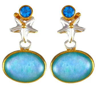 Sterling Silver and 22K Gold Vermeil Earring with Baby Blue Topaz and Amazonite + checkerboard cut crystal quartz+ Mother of Pearl