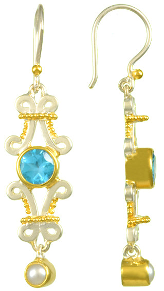 Sterling Silver and 22K Gold Vermeil Earring with Baby Blue Topaz and White Freshwater Pearl