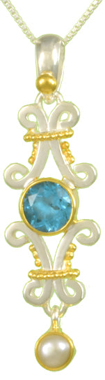 Sterling Silver and 22K Gold Vermeil Earring with Baby Blue Topaz and White Freshwater Pearl
