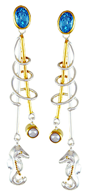 Sterling Silver and 22K Gold Vermeil Earring with Baby Blue Topaz and White Freshwater Pearl