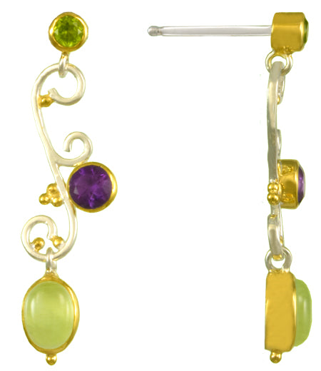 Sterling Silver and 22K Gold Vermeil Earring with Prehnite, African Amethyst and Peridot