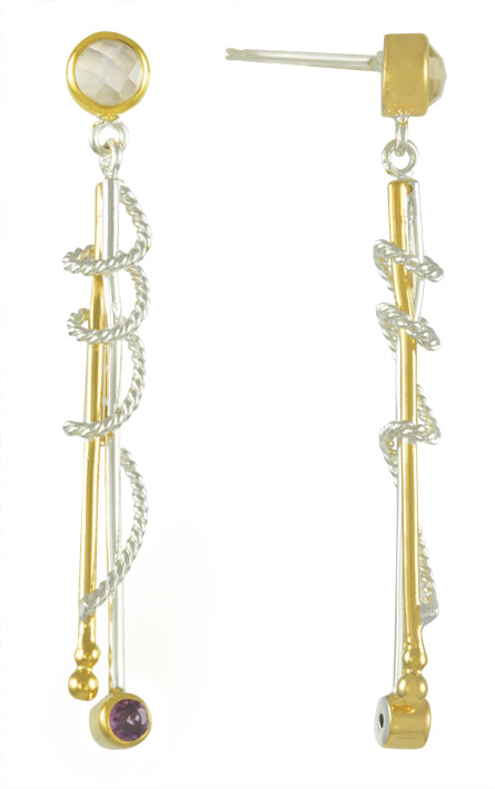 Sterling Silver and 22K Gold Vermeil Earring with Quartz + Mother of Pearl and Rhodolite Garnet