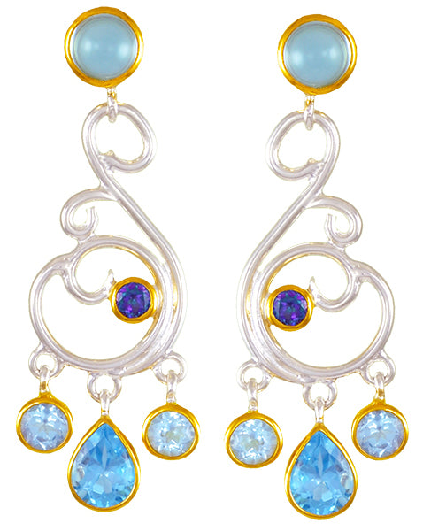 Sterling Silver and 22K Gold Vermeil Earring with Sky Blue Topaz, Trendy Solo Topaz and Baby Blue Topaz
