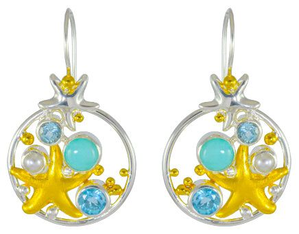 Sterling Silver and 22K Gold Vermeil Earring with Sky Blue Topaz, White Freshwater Pearl, Baby Blue Topaz and Amazonite