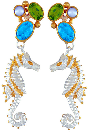 Sterling Silver and 22K Gold Vermeil Earring with Sky Blue Topaz, White Freshwater Pearl and Baby Blue Topaz