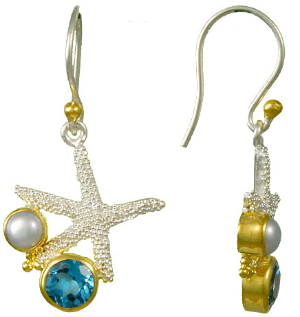 Sterling Silver and 22K Gold Vermeil Earring with Sky Blue Topaz and White Freshwater Pearl