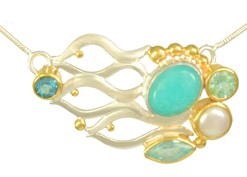 Sterling Silver and 22K Gold Vermeil Necklace with Amazonite, Sky Blue Topaz, White Freshwater Pearl and Baby Blue Topaz