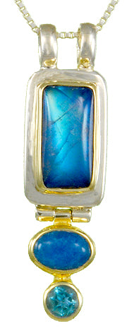 Sterling Silver and 22K Gold Vermeil Necklace with Blue Rainbow Moonstone, Blue Agate and Baby Blue Topaz