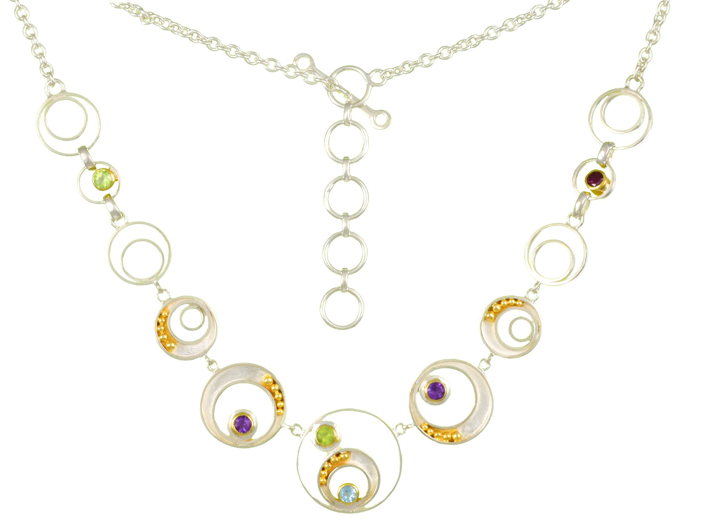 Sterling Silver and 22K Gold Vermeil Necklace with Peridot, African Amethyst, Rhodolite Garnet and Baby Blue Topaz