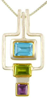 Sterling Silver and 22K Gold Vermeil Necklace with Peridot, African Amethyst and Baby Blue Topaz