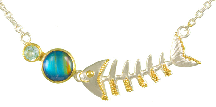 Sterling Silver and 22K Gold Vermeil Necklace with Sky Blue Topaz and painted Rainbow Moonstone