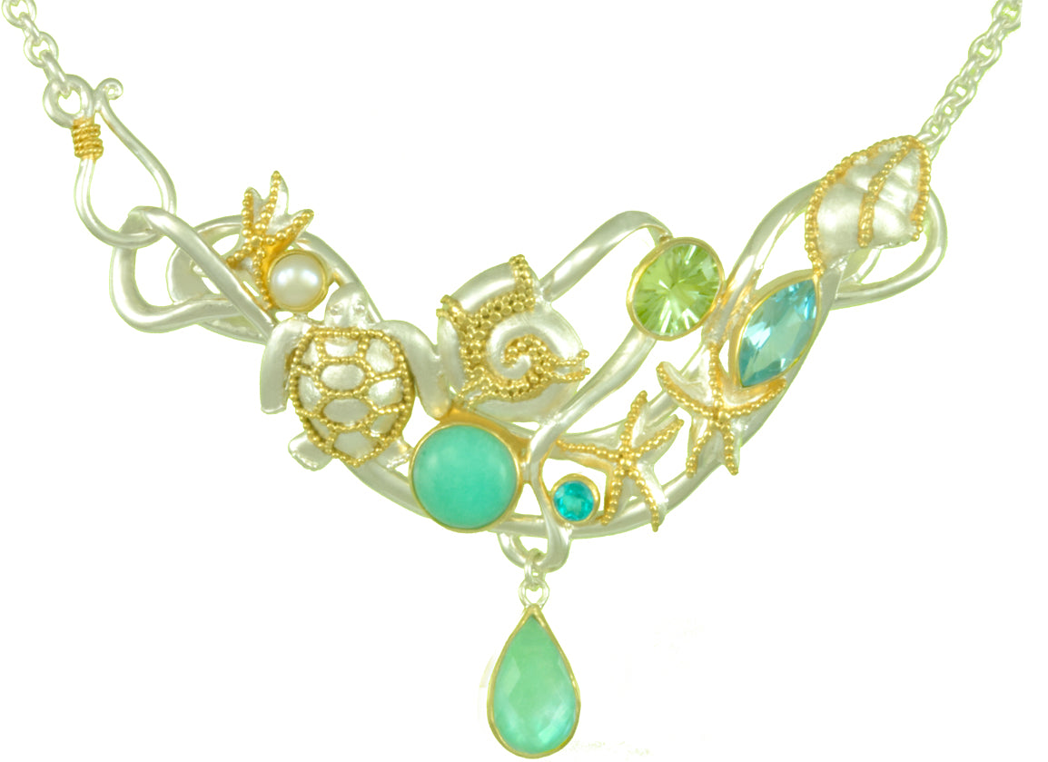 Sterling Silver and 22K Gold Vermeil Necklace with White Freshwater Pearl, Amazonite, Amazonite + checkerboard cut crystal quartz+ Mother of Pearl, Paraiba Topaz, Green Amethyst and Sky Blue Topaz
