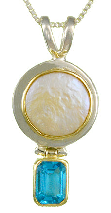 Sterling Silver and 22K Gold Vermeil Necklace with White Pearl and Baby Blue Topaz