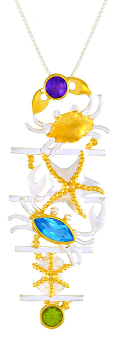 Sterling Silver and 22K Gold Vermeil Pendant with African Amethyst, Baby Blue Topaz and Peridot