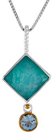 Sterling Silver and 22K Gold Vermeil Pendant with Amazonite + checkerboard cut crystal quartz+ Mother of Pearl and Sky Blue Topaz