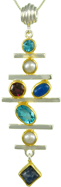 Sterling Silver and 22K Gold Vermeil Pendant with Baby Blue Topaz, White Freshwater Pearl, Rhodolite Garnet, Blue Agate and Blue Rainbow Moonstone