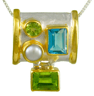 Sterling Silver and 22K Gold Vermeil Pendant with Peridot, Baby Blue Topaz and White Freshwater Pearl