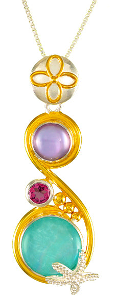 Sterling Silver and 22K Gold Vermeil Pendant with Rose De France + Mother of Pearl, Imperial Pink Topaz and Amazonite + checkerboard cut crystal quartz+ Mother of Pearl