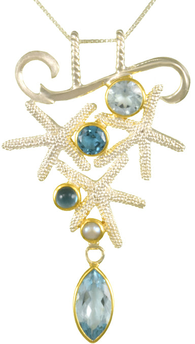 Sterling Silver and 22K Gold Vermeil Pendant with Sky Blue Topaz, Baby Blue Topaz, London Blue Topaz and White Freshwater Pearl