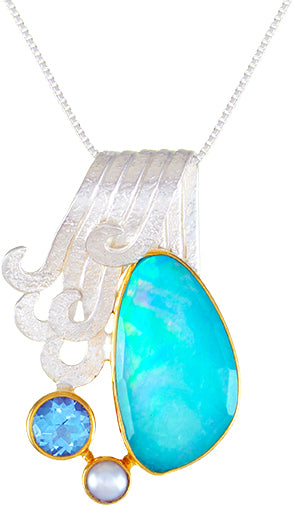 Sterling Silver and 22K Gold Vermeil Pendant with Sky Blue Topaz, White Freshwater Pearl and Amazonite + checkerboard cut crystal quartz+ Mother of Pearl