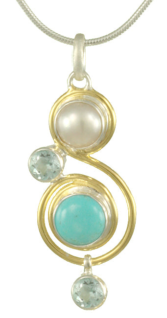 Sterling Silver and 22K Gold Vermeil Pendant with Turquoise, White Pearl, Sky Blue Topaz and Amethyst