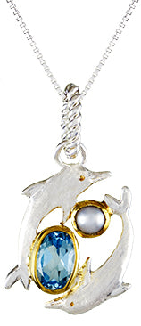 Sterling Silver and 22K Gold Vermeil Pendant with White Freshwater Pearl and Sky Blue Topaz