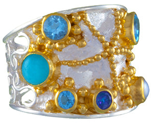 Sterling Silver and 22K Gold Vermeil Ring with Amazonite, Baby Blue Topaz, White Freshwater Pearl, Sky Blue Topaz and Trendy Solo Topaz