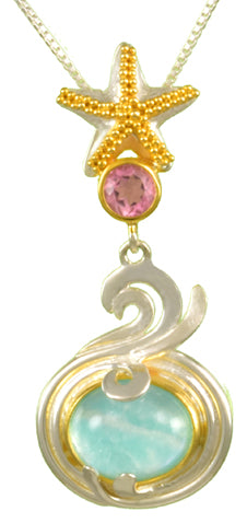 Sterling Silver and 22K Gold Vermeil Ring with Imperial Pink Topaz and Amazonite + checkerboard cut crystal quartz+ Mother of Pearl