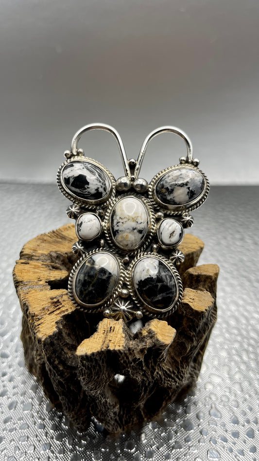 Desert Treasure: White Buffalo Butterfly Ring ; black and white stone in Sterling Silver