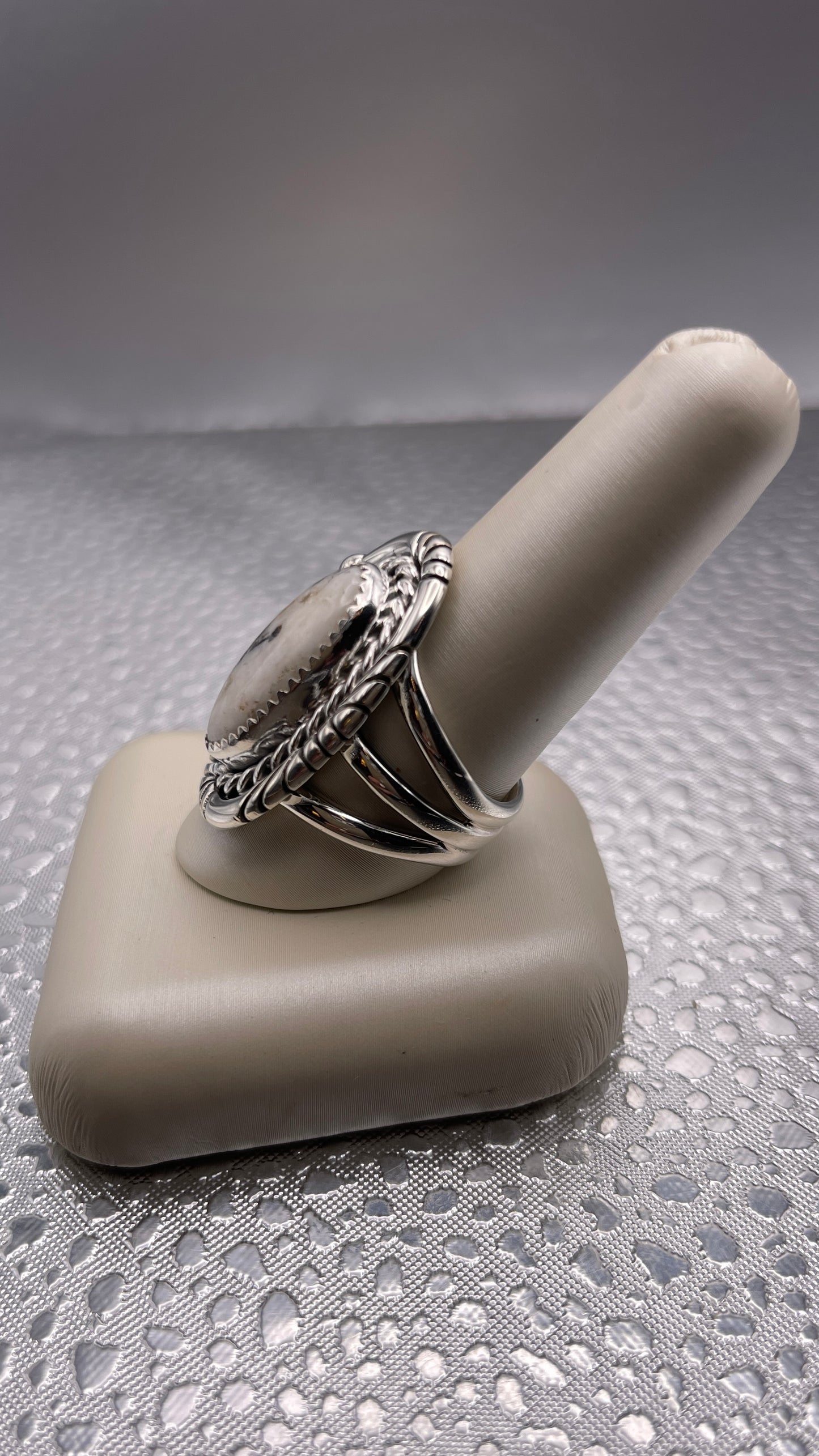 Desert Treasure: White Buffalo, black and white stone set in Sterling Silver Ring