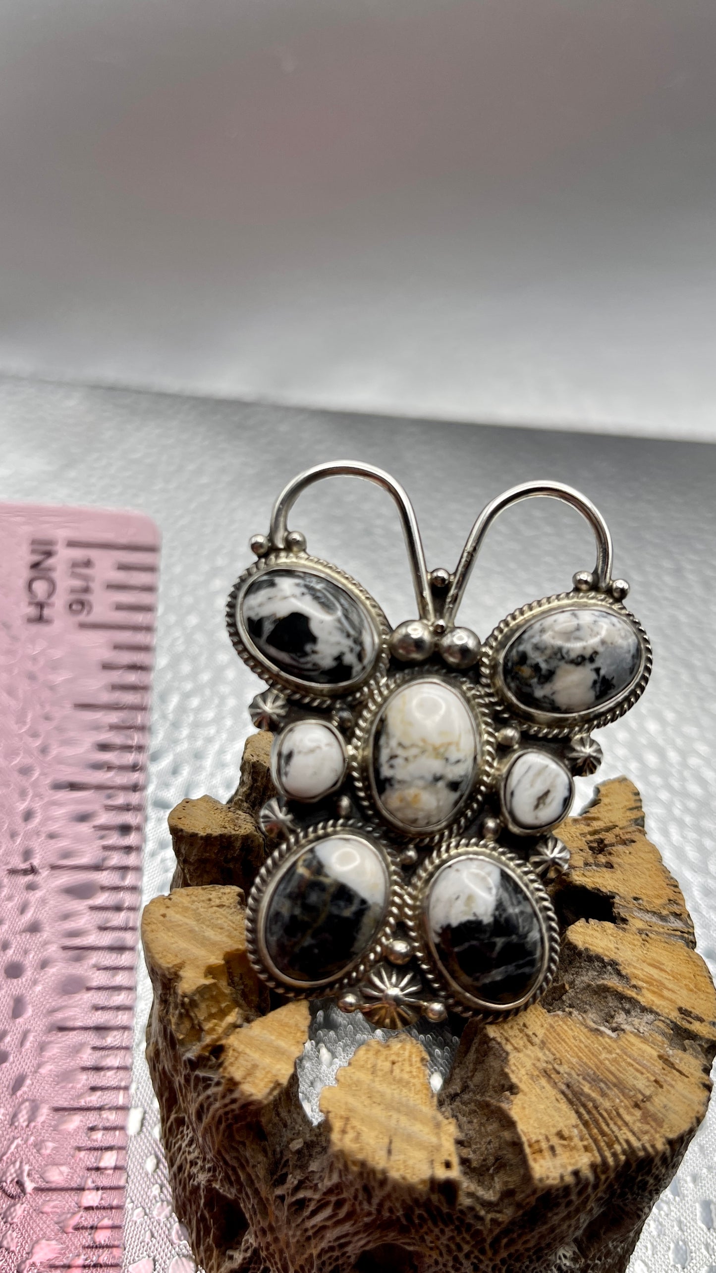 Desert Treasure: White Buffalo Butterfly Ring with black and white stone in Sterling Silver
