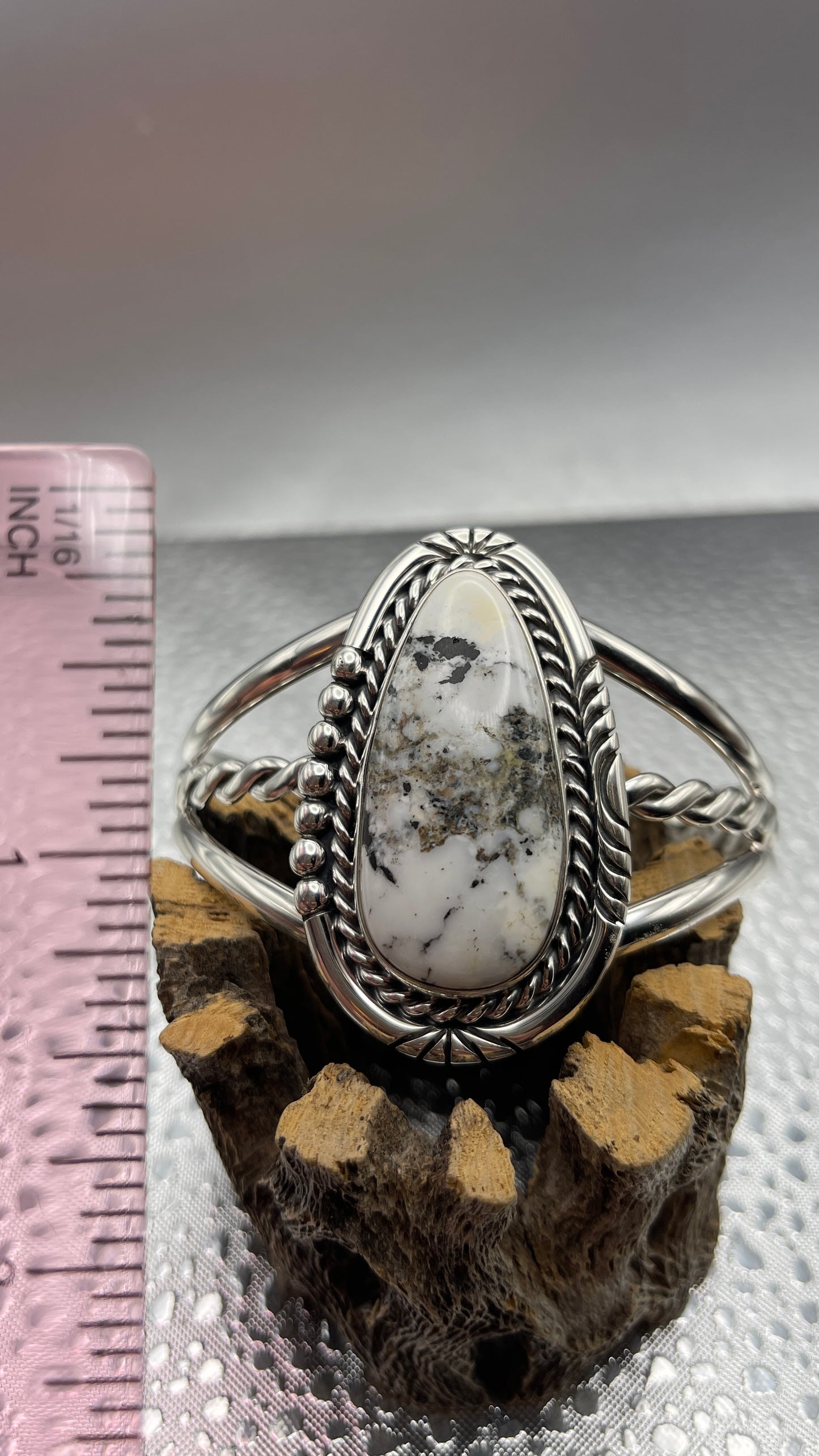 Desert Treasure: White Buffalo, white & black stone set in Sterling Silver bracelet