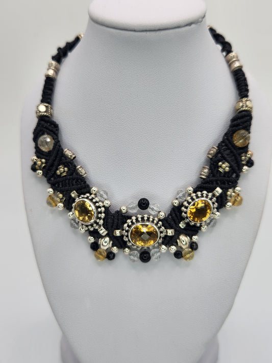 Isha Elafi -  Citrine set in silver with black Onyx and clear crystal beads necklace