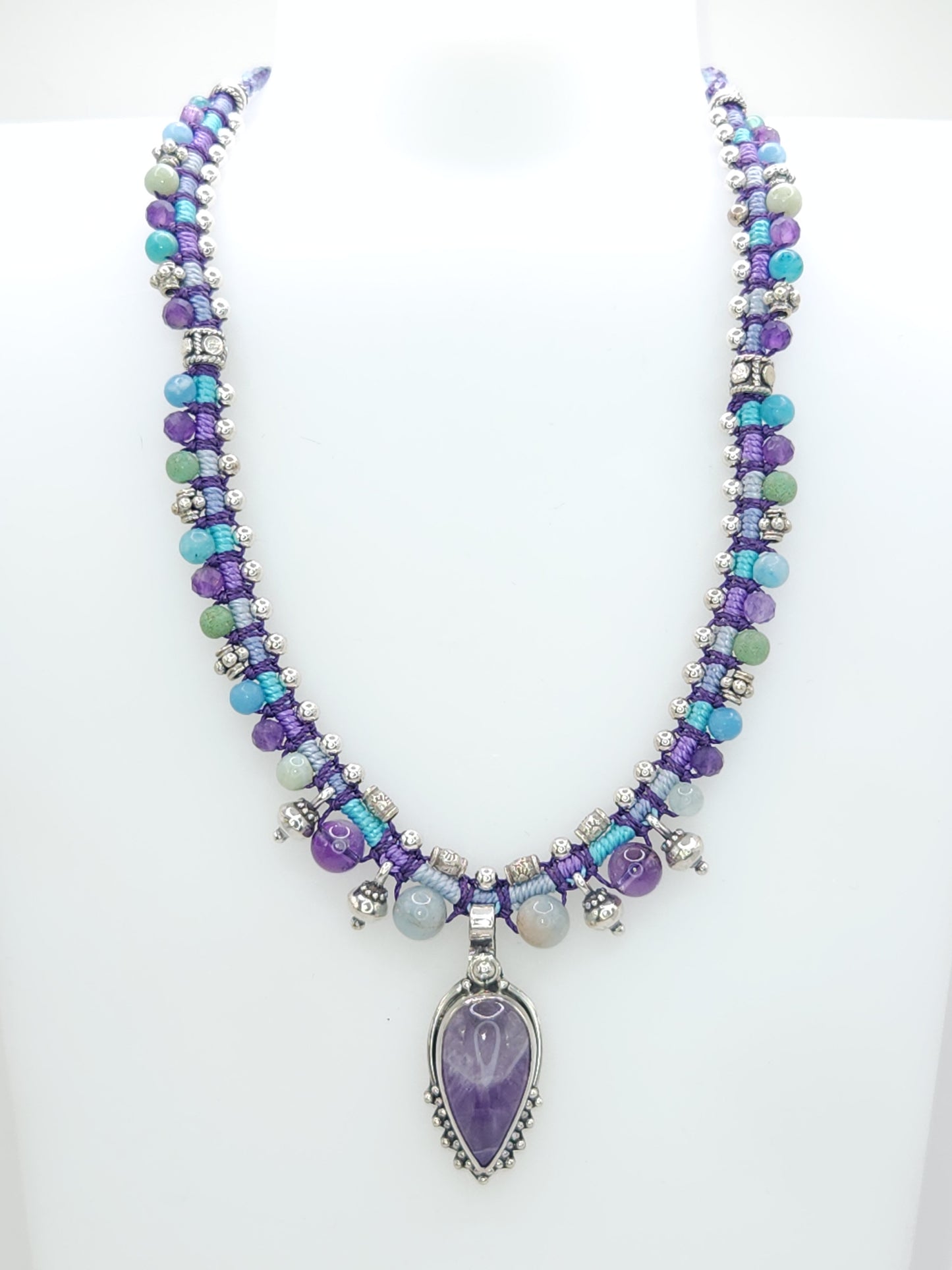 Isha Elafi - Amethyst Stone with Sterling Silver and Beaded Knotwork Necklace