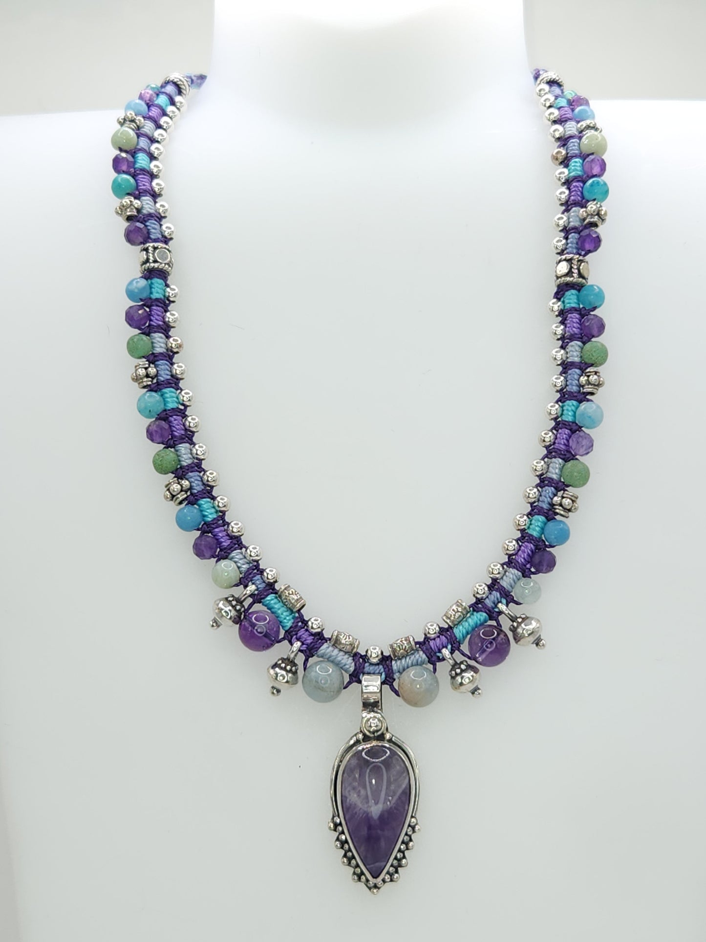 Isha Elafi - Amethyst Stone with Sterling Silver and Beaded Knotwork Necklace