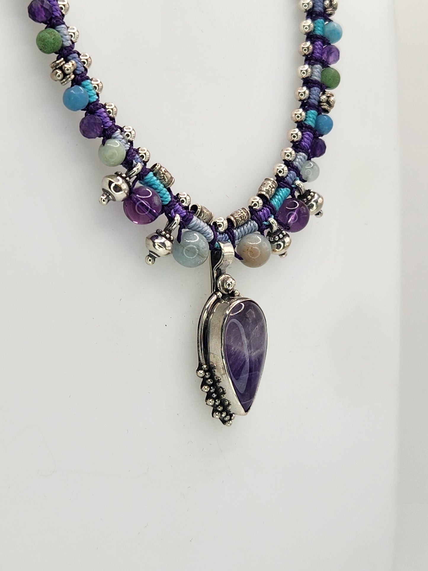 Isha Elafi - Amethyst Stone with Sterling Silver and Beaded Knotwork Necklace