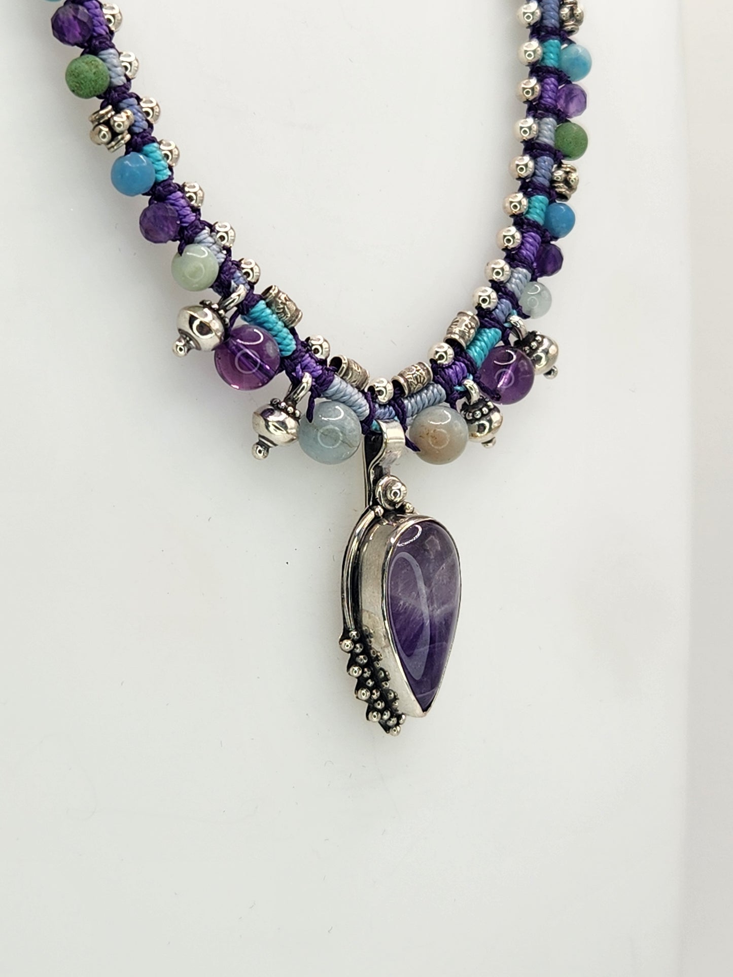 Isha Elafi - Amethyst Stone with Sterling Silver and Beaded Knotwork Necklace