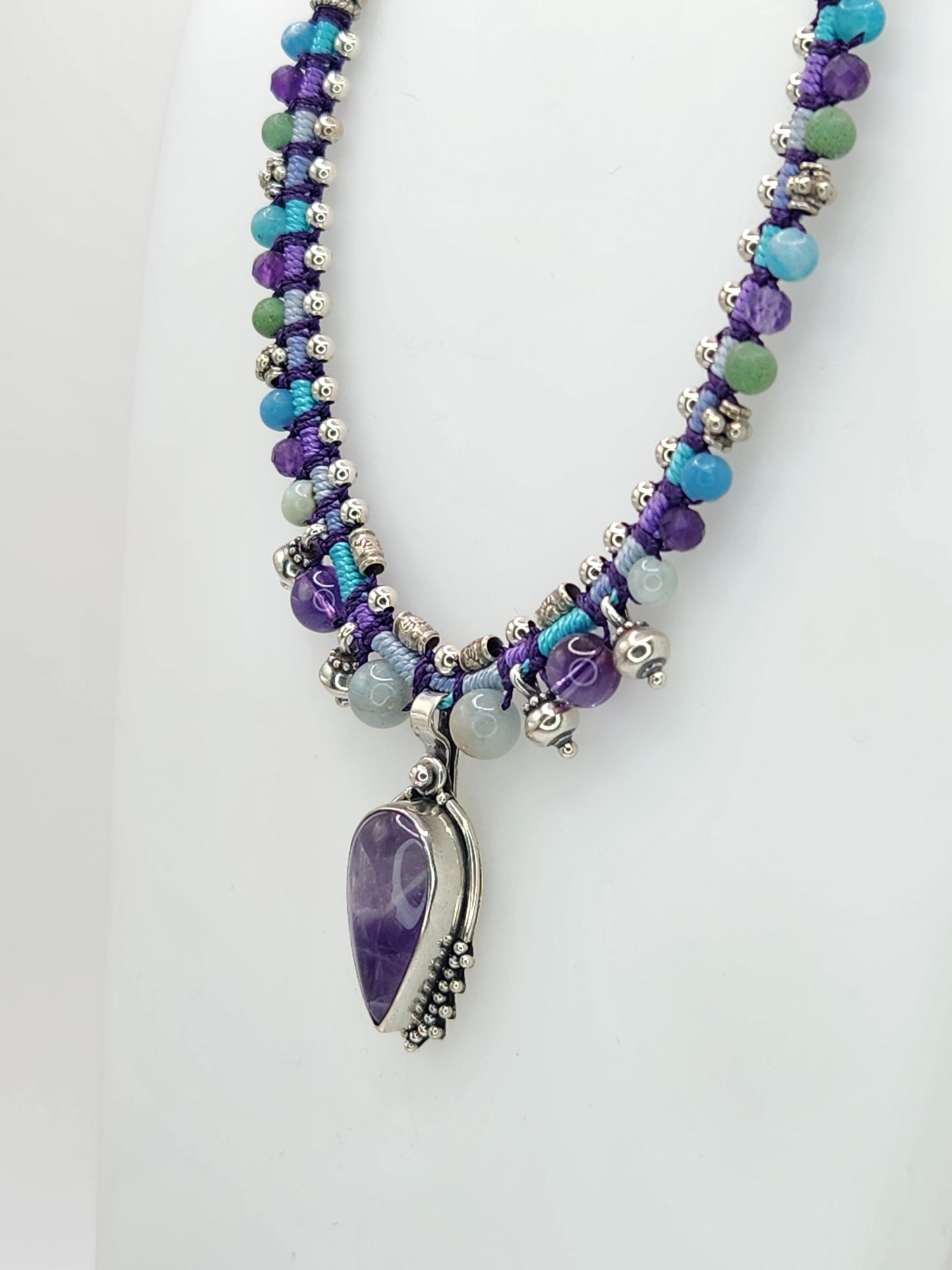 Isha Elafi - Amethyst Stone with Sterling Silver and Beaded Knotwork Necklace