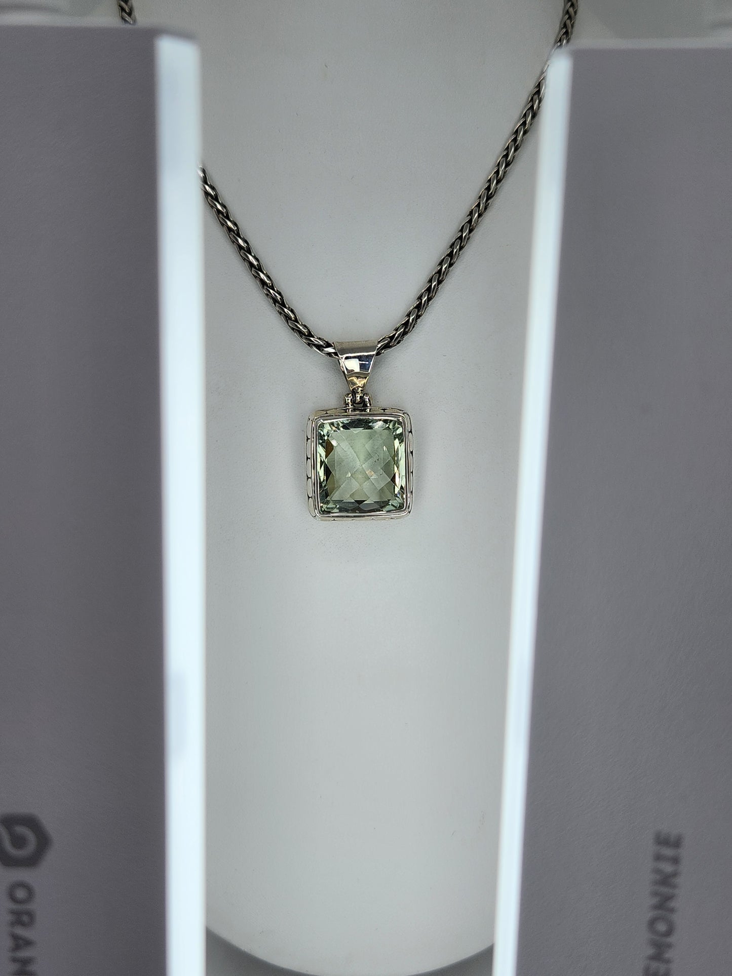 Janice Carson - Green Amethyst Square Stone Pendent With Sterling Silver Necklace