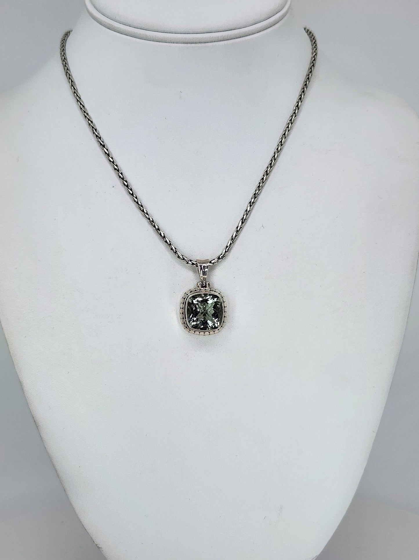 Janice Carson - Green Amethyst Small Cushion Cut Pendant With Sterling Silver Necklace