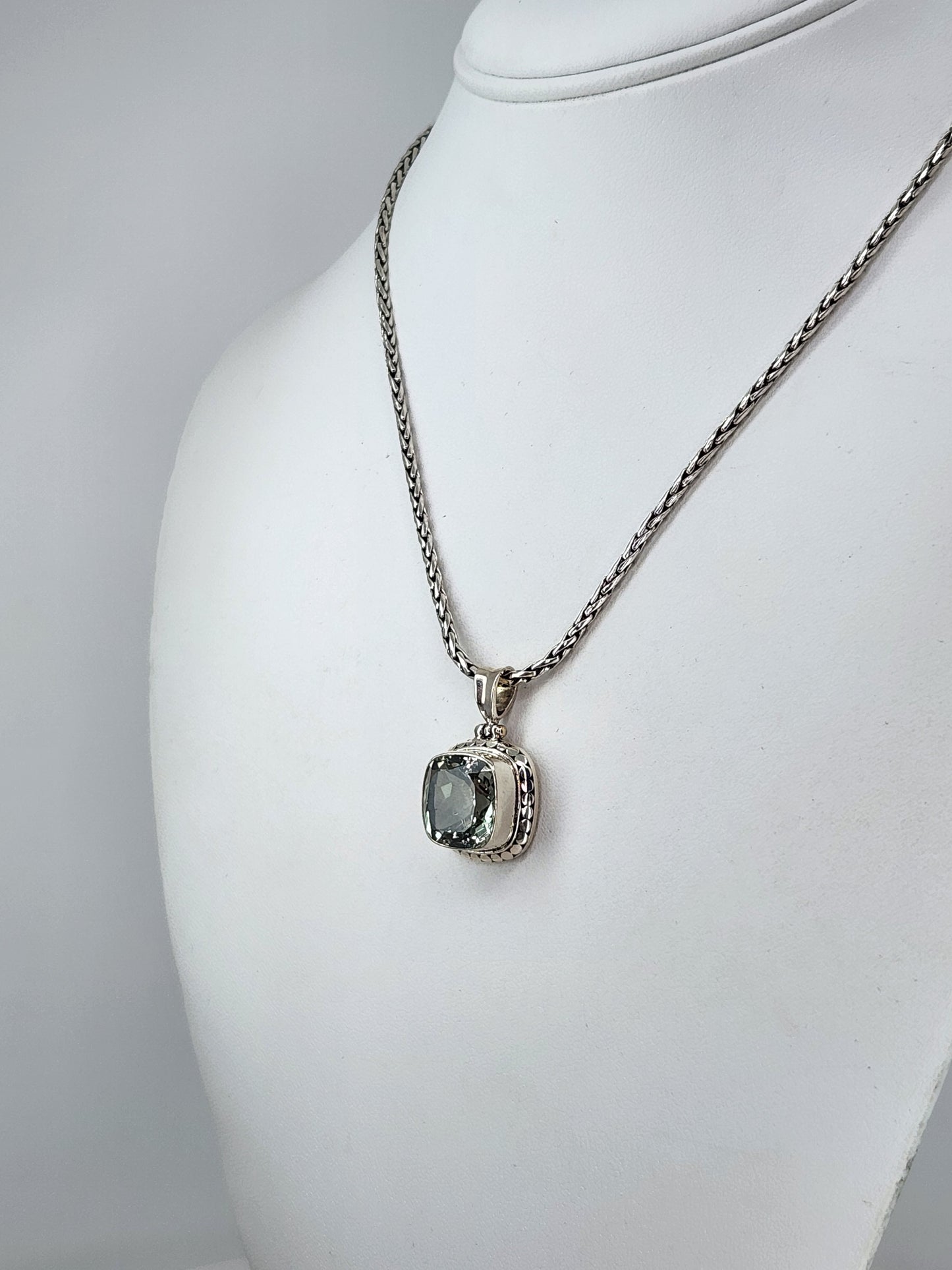 Janice Carson - Green Amethyst Small Cushion Cut Pendant With Sterling Silver Necklace