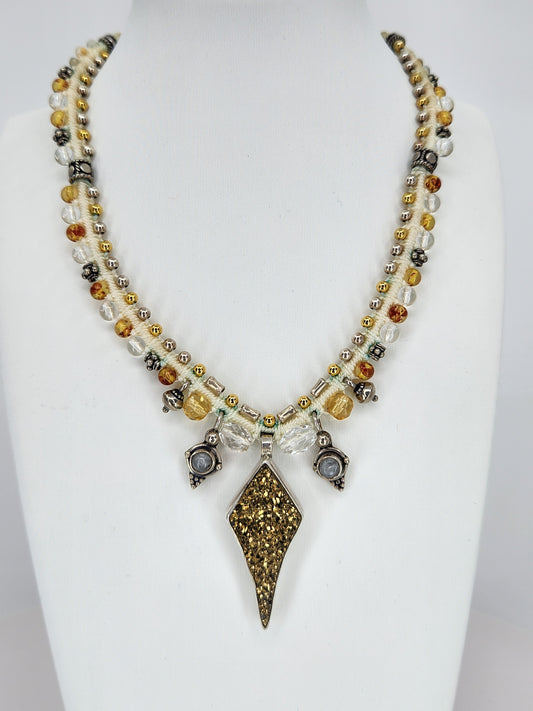 Isha Elafi - Gold Druzy Crystal pendent with Moonstone and Golden Citrine beading.  Necklace