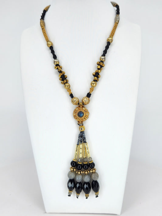 Isha Elafi - Gold plated over sterling silver necklace with  labradorite and black Onyx beaded tassel