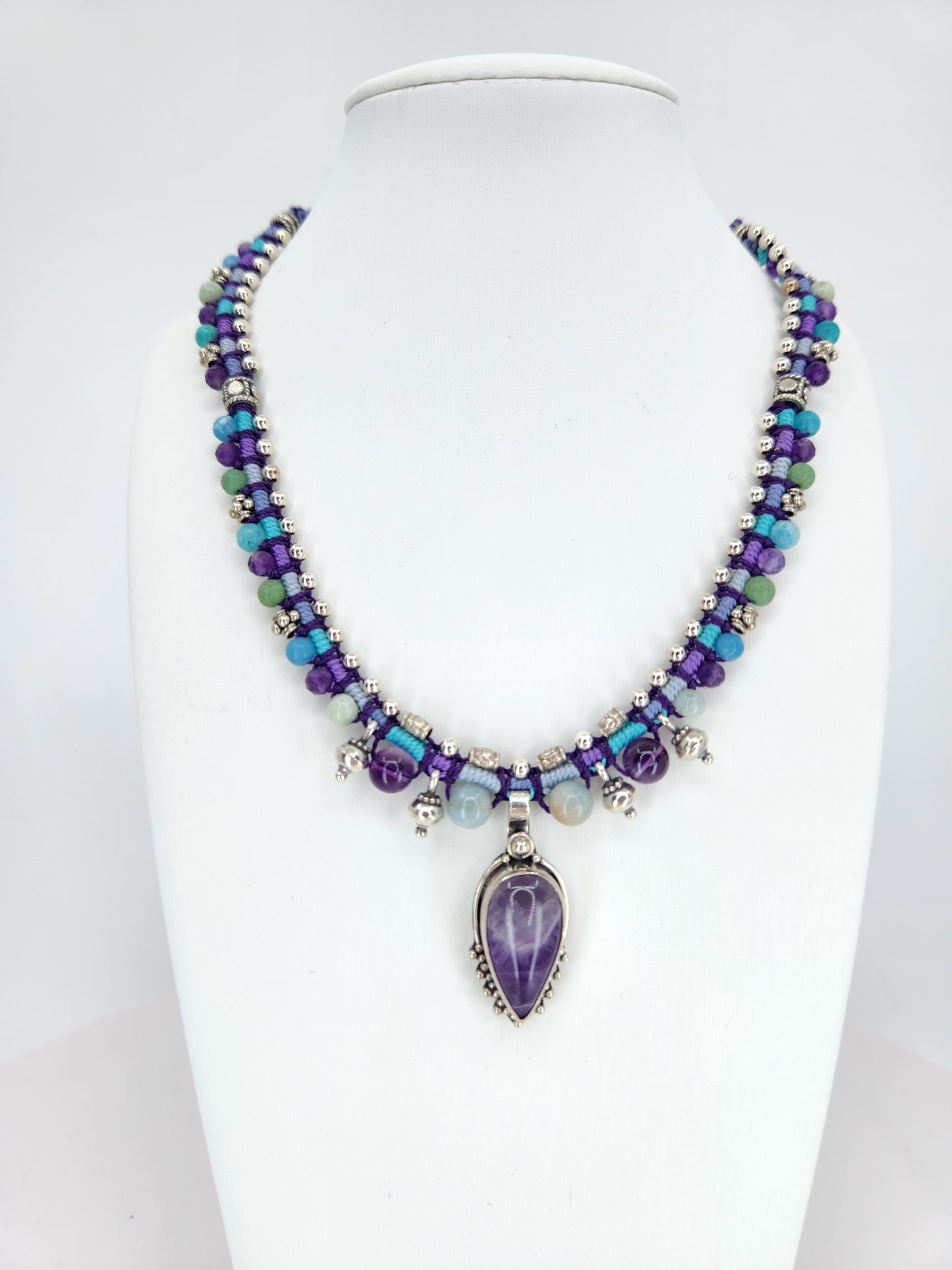 Isha Elafi - Amethyst Stone with Sterling Silver and Beaded Knotwork Necklace