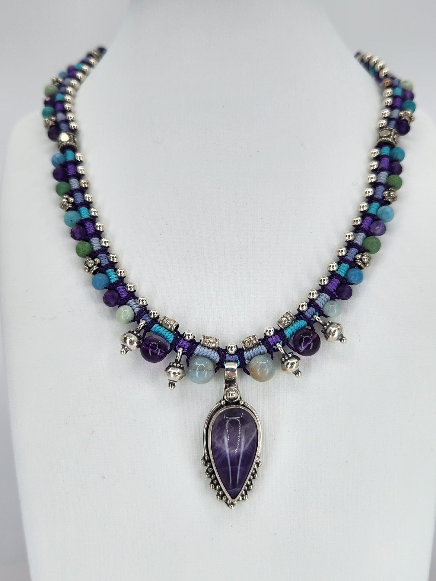 Isha Elafi - Amethyst Stone with Sterling Silver and Beaded Knotwork Necklace