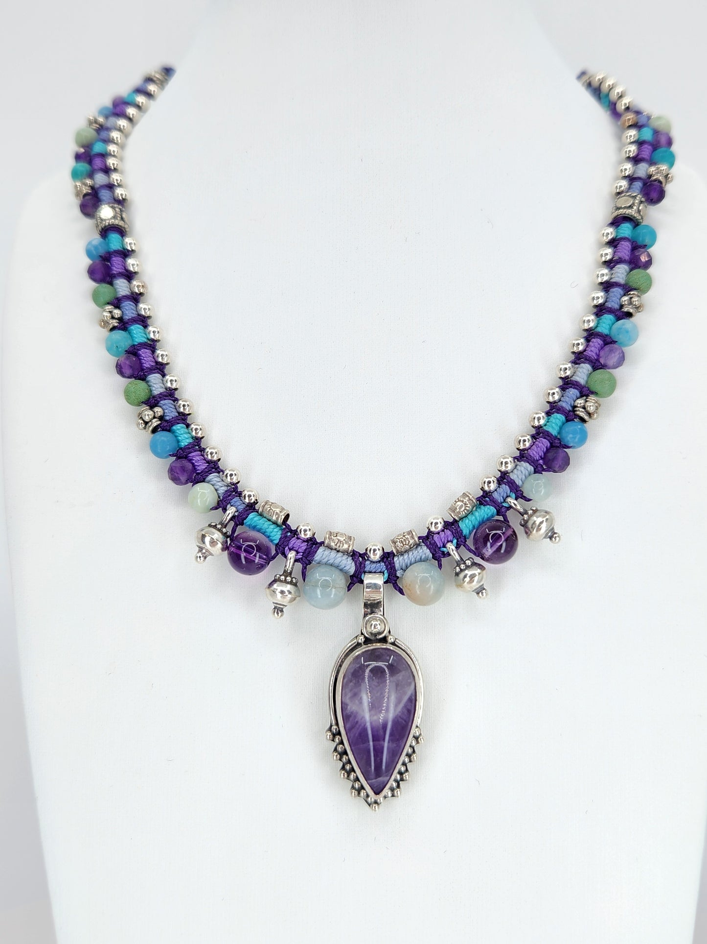 Isha Elafi - Amethyst Stone with Sterling Silver and Beaded Knotwork Necklace